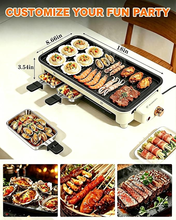 1500W Smokeless Electric Indoor Grill, 3 in 1 Korean Barbecue Grill with Net & Non-Stick Removable Plate and Magnet Strip, Temperature Control & Dishwasher Safe, Smokeless Korean BBQ for Kitchen Party
