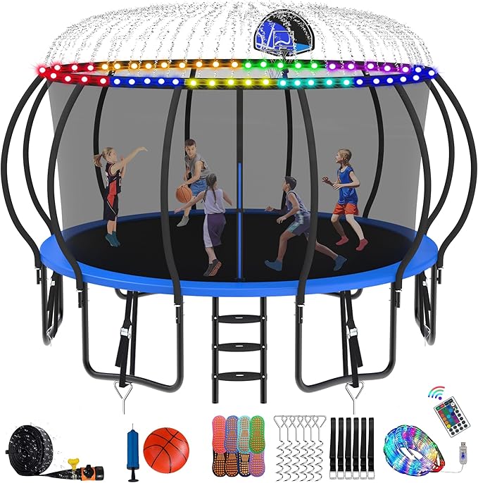 DeepRoar 2026 Upgraded 8/10/12/14/15/16FT Pumpkin Tranpoline for Kids, Heavy Duty 1500LBS Outdoor Tranpoline Set with Basketball Hoop, Light, Sprinkler & Socks, Recreational Trampolings, ASTM Approved