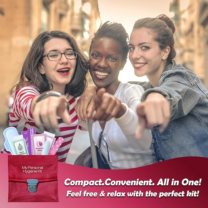 Menstrual Kit All-in-One | Convenience on The Go | Single Period Kit Pack for Travelling, Tweens & Teenagers or Emergency situations | Individually Wrapped Feminine Hygiene Products (Leather Light)