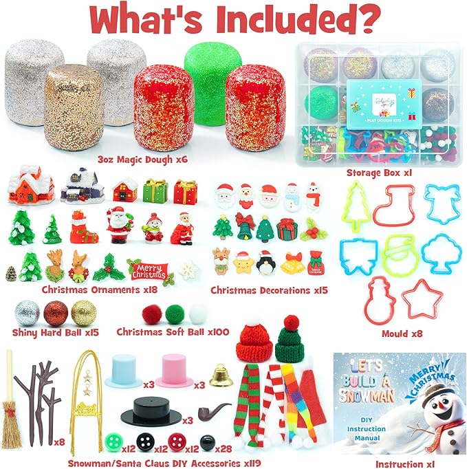 SIMPLIPLAY Christmas Sensory Dough Kit with 6 PCS 18oz Glitter Doughs & Accessories(280+pcs), DIY Christmas Crafts Kids, Stocking Stuffers for Kids, Build a Snowman Kit with Ornaments Creative Gift