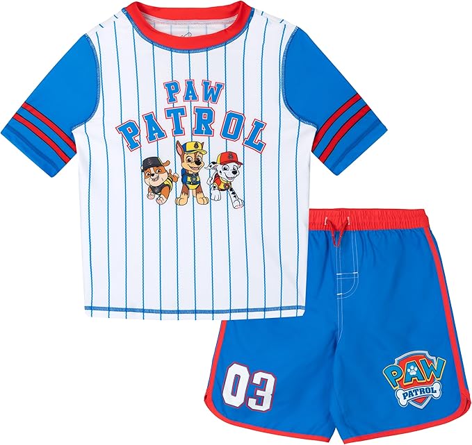 Nickelodeon Paw Patrol Pullover Rash Guard and Swim Trunks UPF 50+ Outfit Set Toddler to Big Kid Sizes (2T - 10-12)