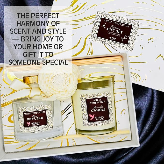 Moira's Bazaar Elysian Essence Aromatherapy Gift Set – Luxury Candle and Flower Reed Diffuser – Perfect Scented Gift for Thanksgiving & Christmas, Gifts for Women (Amber Temptation)