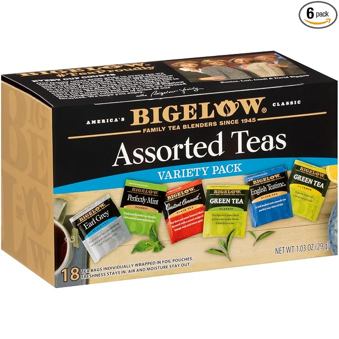 Bigelow Tea Assorted Black Tea and Green Teas Variety Pack, Caffeinated Tea with Black and Green Tea Varieties, 18 Count Box (Pack of 6), 108 Total Tea Bags (Packaging and Flavor Assortment May Vary)