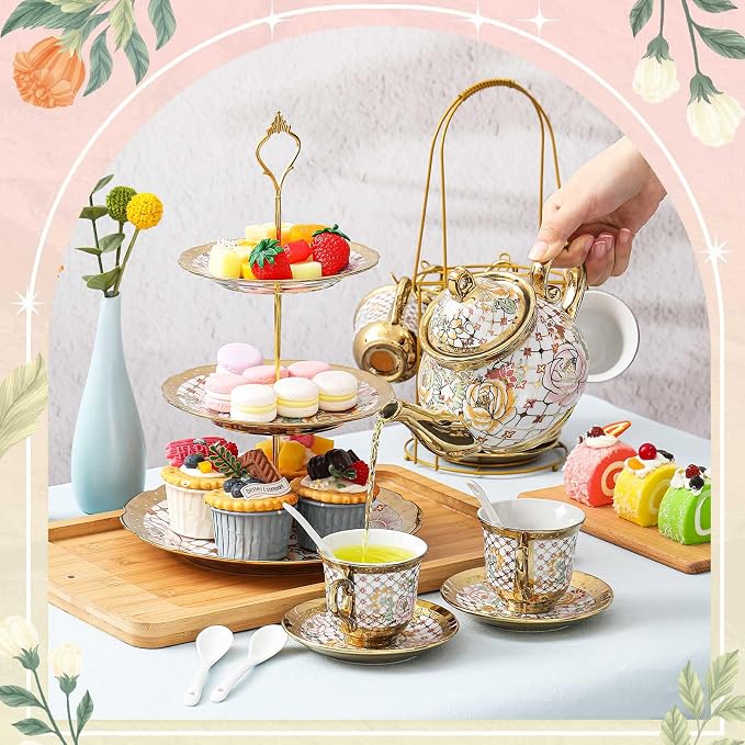 Maxcheck 21 Pcs Porcelain Tea Set for Women Tea Party with Metal Holder and 3 Tier Cake Stand Ceramic European Floral Teapot Set for Adults Mother's Day Christmas Thoughtful Gift(Stylish Style)
