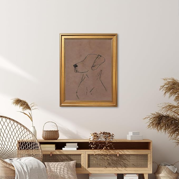 Gold Framed Minimalist Dog Sketch Wall Art Painting Neutral Line Drawing Dog Portrait Print Modern Pet Lover Picture Poster Simple Aesthetic Canvas Artwork for Room Bedroom Office Home Decor 12x16inch