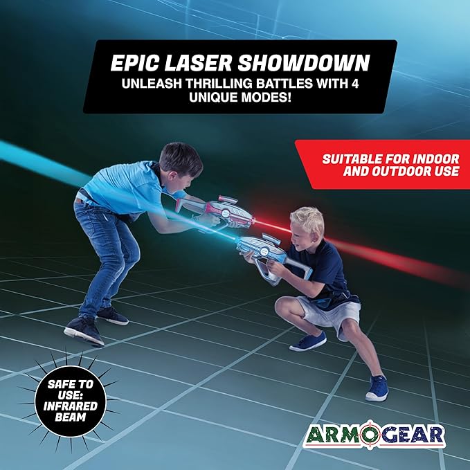ArmoGear Laser Tag Set for Kids, Teens & Adults - 2 Blasters + 2 Vest Sensors with 4 Multi-Game Modes - Lazer Tag Set - Age 8+ Year Old Toys - Includes Accessories - Boys & Girls Outdoor Activities