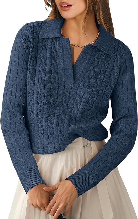 ANRABESS Womens Cable Knit Sweaters Long Sleeve V Neck | Pullover Collared Sweater Tops, Polo Knit Shirts, Business Casual Work, Tennis Golf, Fall Winter Fashion Outfits