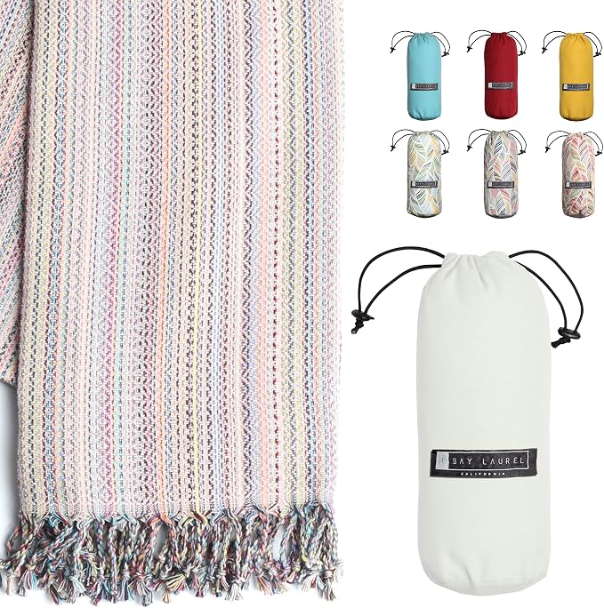 BAY LAUREL Turkish Beach Towel with Travel Bag 39 x 71 Quick Dry Sand Free Lightweight Large Oversized Towels Light