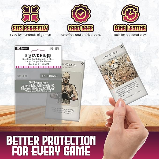 Sleeve Kings Standard Card Sleeves – 110 Count, Clear 60 Micron Thickness, Large Size (57 x 100 mm), Compatible with Kingdom Death: Monster & More – SKU: SKS-8848