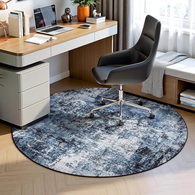 Rugflix Round Area Rugs 4Ft for Living Room, Washable Navy Blue Circle Rug | Machine Washable; Stain-Resistant; Low Pile; Non-Slip; Modern Abstract; Black Carpet for Bedroom Dining Office Nursery Home