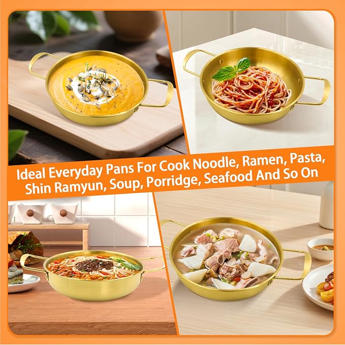 4 Sizes Korean Ramen Pot,Stainless Steel Noodle Cooking Pots for Stove,Gold | Golden Ramen Cooker with Handles for Pasta Soup, Fast Heating Everyday Pan for Home Outdoor Use