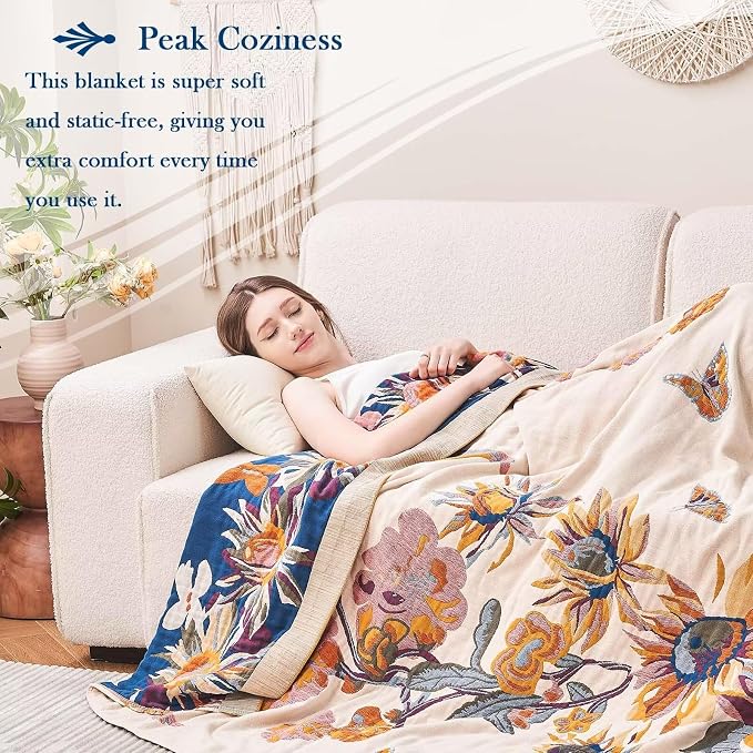 XIBLC Boho Throw Blanket, 100% Cotton Ultra Soft Luxury Throw Rustic Quilt, 80"x90" Floral Bird Butterfly Farmhouse Decor Bed Blankets, All Season Rustic Reversible Bohemian Throw for Bed - Yellow