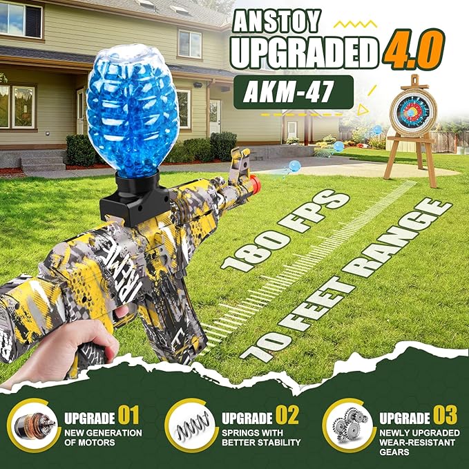 Anstoy Electric Gel Gun Blaster, High-Speed AKM-47 Gelfire Blaster for Orbeez with Eyewear, Splatter Ball Toys for Outdoor Shooting Game Party Gift Ages 14 & Up, Yellow