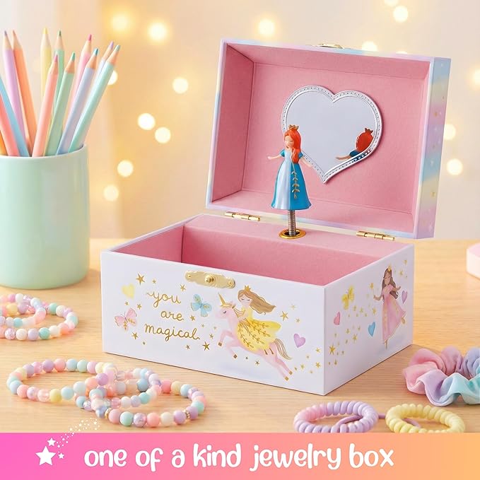 Giggle & Honey Musical Princess Jewelry Box for Girls - Kids Jewelry Box with Spinning Princess, Princess Gifts for Girls, Unicorn Toys - 6 x 4.7 x 3.5 in