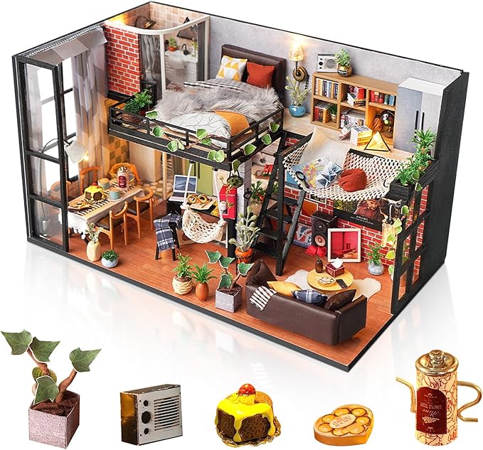 Foyucool DIY Miniature House Kit, Dollhouse Kit with Dust Cover, Mini House Building Kits for for Adult to Building, Christmas Home Decorations Gifts for Family and Friends, Loft