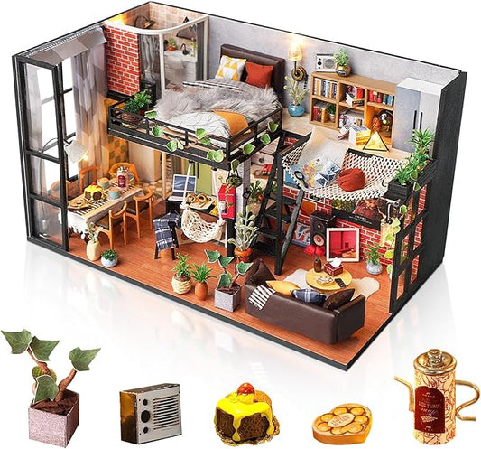 Foyucool DIY Miniature House Kit, Dollhouse Kit with Dust Cover, Mini House Building Kits for for Adult to Building, Christmas Home Decorations Gifts for Family and Friends, Loft
