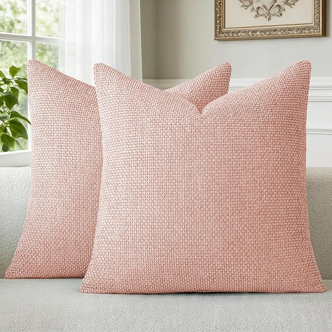 a moment Pink Chenille Throw Pillow Covers 16x16 Inch Pack of 2 Modern Decorative Throw Pillow Covers Farmhouse Cross Covers Home Decor for Sofa Bedroom Living Room