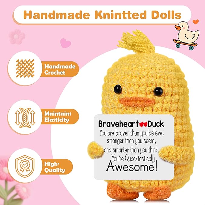 RoomyRoc Inspirational Crochet Duck, Positive Affirmation Duck Toy for Anxiety & Stress Relief, Handmade Mental Health Gifts for Women Men, Cute Home Office Desk Decor for Adults Teens