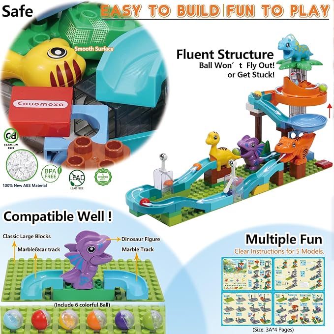 Dinosaur Marble Run Building for Kids: 3 4 5 6 7 8 Years Old Dinosaur Building Blocks Set Compatible with Major Brands - STEM Toy for Preschool Home for Boys Girls