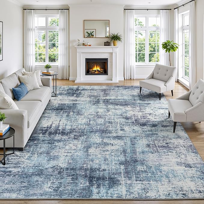 8x10 Area Rug for Living Room, Abstract Washable Non-Slip Large Rugs, Blue | Soft Neutral Carpet for Bedroom, Dining Room, Home Office Nursery Indoor, Stain Resistant, Non-Slip, Low Pile Modern Rug