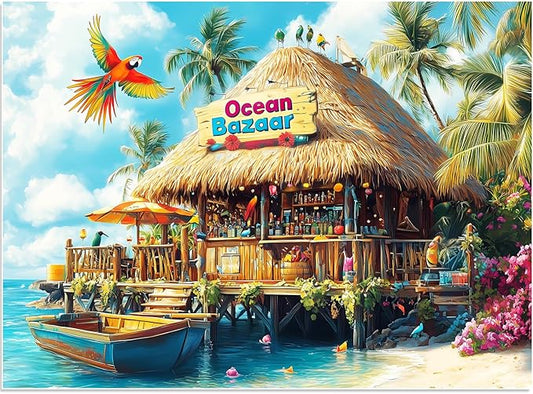 500 Piece Puzzles for Adults, Colorful Beach Shop Parrot Jigsaw Puzzles 500 Pieces for Adults Seniors, Challenge Art Jigsaw Puzzle for Gifts Birthday Party Games Family, 20.5 * 15 inch Dust Free