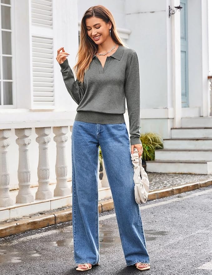 Women's Long Sleeve Classic V Neck Casual Fall Winter Polo Sweater Tops | Basic Collared Knitted Fashion Work Business Formal Daily Wear Versatile Pullover Shirts