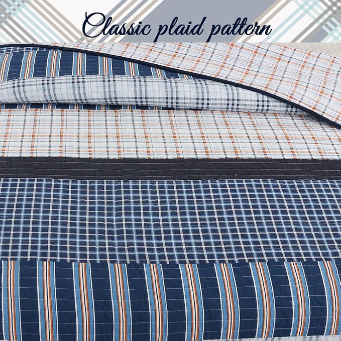 Cozy Line Home Fashions Bennett Quilt Bedding Set, Nautical Navy Orange Grid Striped 100% Cotton Reversible Coverlet Bedspread for Boy (Navy Orange, Twin - 2 Piece)