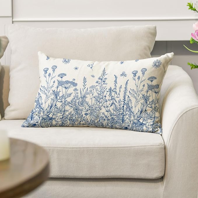 AVOIN colorlife Wildflowers Spring Blue Throw Pillow Cover 12x20 Inch | Summer Floral Cushion Case Decoration for Home Sofa Couch