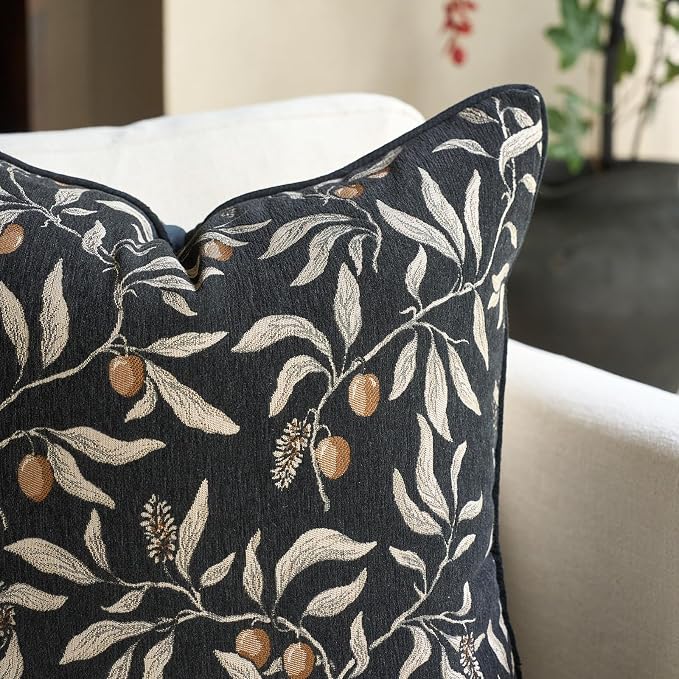 Alerfa Black Floral Throw Pillow Cover 20 x 20 Inch Sqaure Luxury Decorative Pillow Cover for Couch Living Room Bedroom