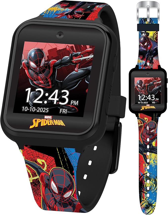 Spider-Man Kids LED Smartwatch with 10 Watch Faces, Flashing LED Bezel, Step Counter, Selfie and Video Camera, Timer, Stopwatch, Alarm, Calculator, Fun Games, and 3 Wallpapers – Fits Wrists 5.5"-8.0"