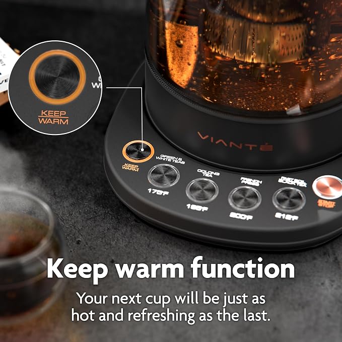 Viante Alba Electric Tea Kettle with Infuser, No Plastic In Contact With Water, 1.5L Borosilicate Glass, 304 Stainless Steel, 4 Temperature Presets, Keep Warm, Cordless, Auto Shut-Off, Black