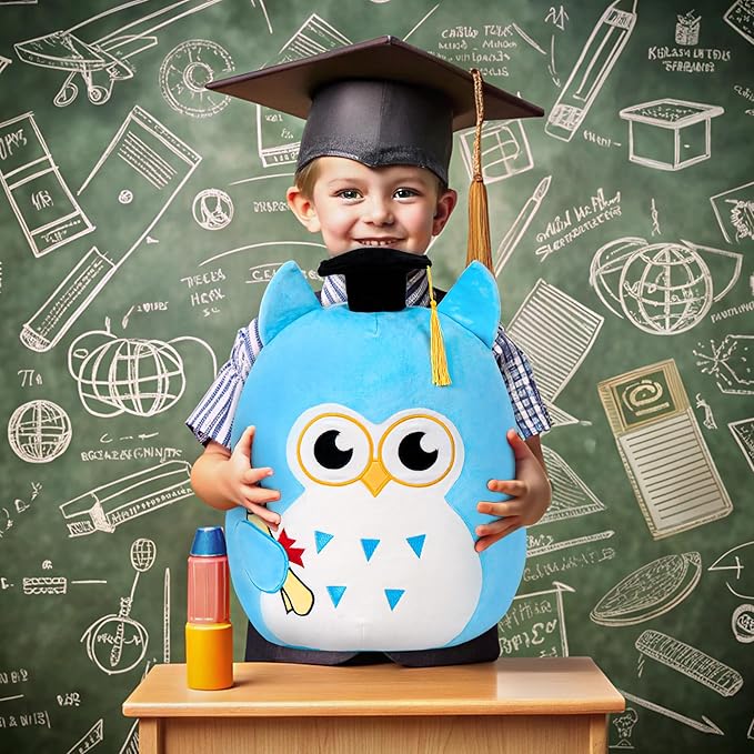 Graduation Plush, Soft Owl Stuffed Animals with Blue Body and Ears, Black Graduation Cap, Fringe and Diploma, Cute Pillow Toys Graduation Gift Plush Stuffed Animal Party Decoration(Blue)