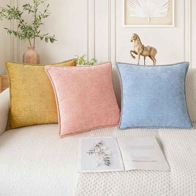 CaliTime Decorative Couch Throw Pillow Covers 24 X 24 Inches Baby Blue | Pack of 2, Cozy Chenille Cushion Cases, Cotton Thread Stitching Edges, for Sofa Bed Living Room Farmhouse