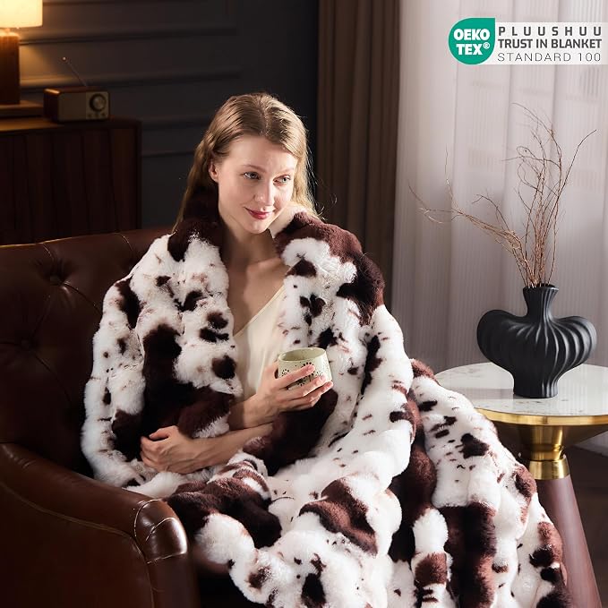 Faux Fur Throw Blanket for Couch, Fluffy Fuzzy Plush Bubble Blanket, Soft Warm Cozy Shaggy Rabbit Blanket, Luxury Decorative Gifts for Sofa Bedroom Living Room, 90x90inch (Cow Print-Brown)