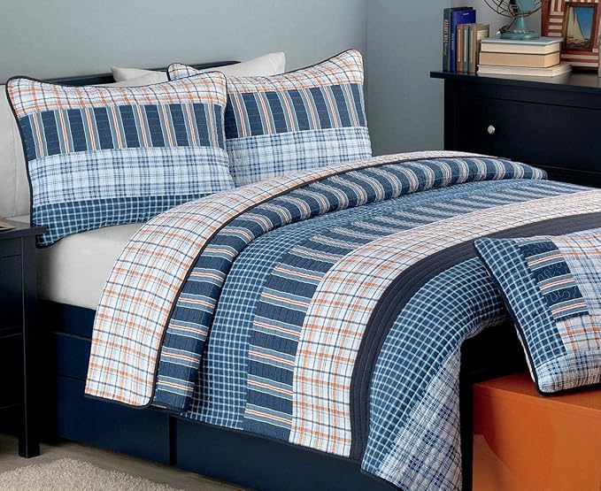 Cozy Line Home Fashions Bennett Quilt Bedding Set, Nautical Navy Orange Grid Striped 100% Cotton Reversible Coverlet Bedspread for Boy (Navy Orange, Twin - 2 Piece)