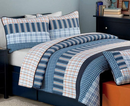 Cozy Line Home Fashions Bennett Quilt Bedding Set, Nautical Navy Orange Grid Striped 100% Cotton Reversible Coverlet Bedspread for Boy (Navy Orange, Twin - 2 Piece)