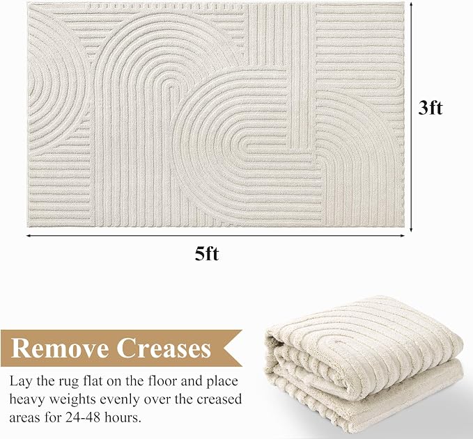 Pauwer 3x5 Area Rugs for Living Room, Modern Non Slip Washable Rug, Beige | Arch Pattern, Soft Fluffy, Neutral, Boho Accent, Solid Color Floor Carpet, For Kids Room Dining Room Nursery Entryway