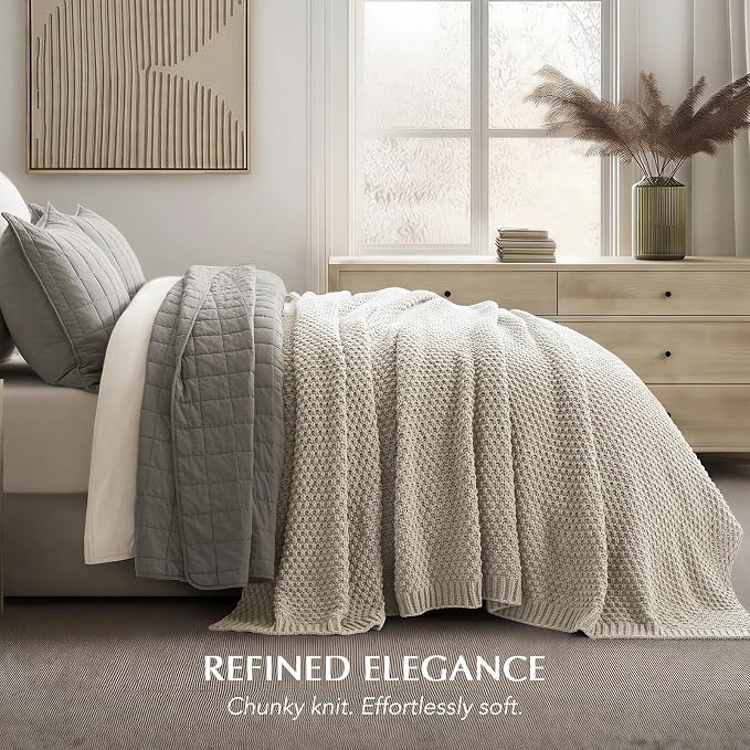 EVERGRACEHOME Chunky Chenille Knit Throw Blanket, 90 x 90, Warm Gray | Sculpted Moss Stitch, Chic Modern Farmhouse, All-Season Warmth, OEKO-TEX® Certified, Oversized Queen for Couch, Bed, Sofa
