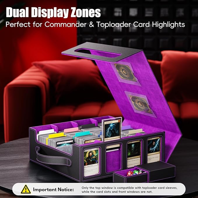 Trading Card Storage Box – 3500+ Magnetic MTG Deck Box with Handle,Commander & Toploader Display, Dice Box,4 Dividers & 30 Color Labels–Fits for TCG,MTG,Yu-Gi-Oh and Sport cards(Black/Purple)