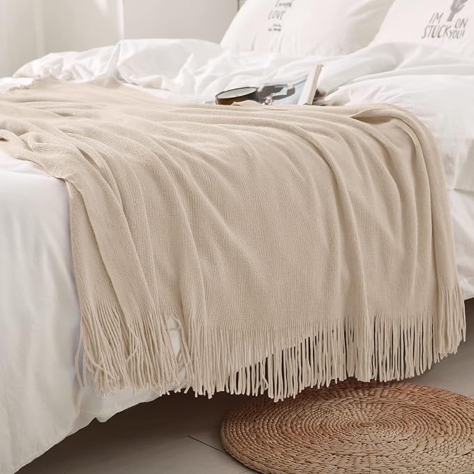 Homiest Taupe Knitted Throw Blanket with Fringe, 50x60 Inch | Pure Acrylic, Lightweight & Breathable, All-Season Use, Machine Washable, Wrinkle & Fade Resistant, for Couch Sofa And Bed