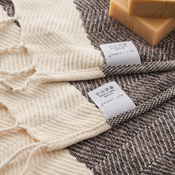 BAY LAUREL Turkish Hand Towel – Pack of 2 | Soft & Absorbent Decorative Towels for Bathroom, Hand, Face, Hair, Gym, Yoga, SPA, Kitchen & Tea | Boho Decor (Latte, Herringbone 15x26 Inches (Set of 2)