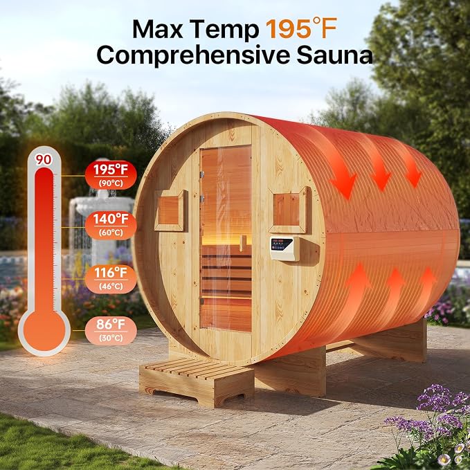 Outdoor Barrel Sauna, Traditional Wood Sauna for Backyard, Dry＆Wet Sauna for Outdoor, 220V/6KW Electric Heater with Sauna Stone, Sauna Accessories, Waterproof Tarpaulin