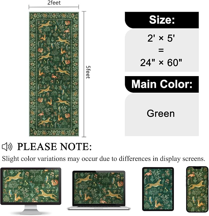 DUKINO 2x5 Rug for Hallway, Washable Animal Runner Rug Non Slip, Green | Low Pile, Stain Resistant, Soft Indoor Carpet Runner for Kitchen, Entryway, Bedroom, Bathroom, Pet Friendly, Lightweight