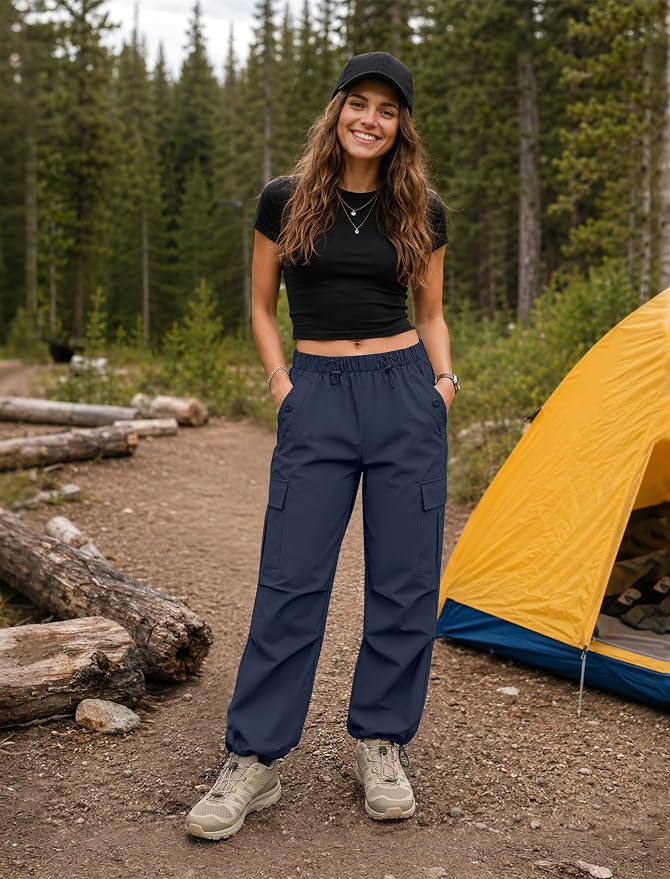 COPYLEAF Cargo Pants Women Elastic Waisted Parachute Hiking Pants with Pockets Water-Resistant Lightweight Baggy Pants