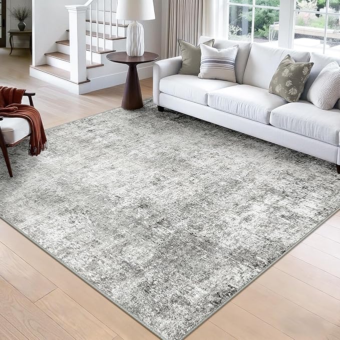 RELEANY Washable Area Rugs Square 8ft Non-Slip Modern Abstract Soft for Living Room Entryway Bedroom Kitchen, Print Pattern, Gray White Grey