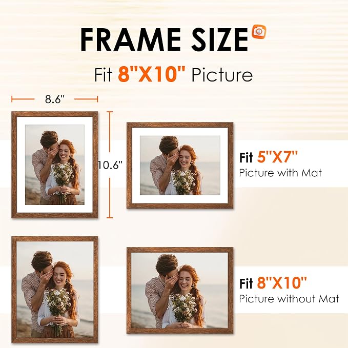 FIXSMITH 8x10 Picture Frame 2 Pack, Rustic Brown Photo Frame with HD Plexiglass, Display Pictures 5x7 with Mat or 8x10 Without Mat, Rustic Brown Multi Picture Frames Collage for Tabletop or Wall Display