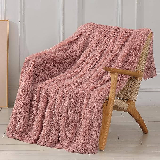 Decorative Extra Soft Fuzzy Faux Fur Throw Blanket 50" x 60",Solid Reversible Long Hair Shaggy Blanket,Fluffy Cozy Plush Comfy Microfiber Fleece Blankets for Couch Sofa Bedroom,Peach Whip