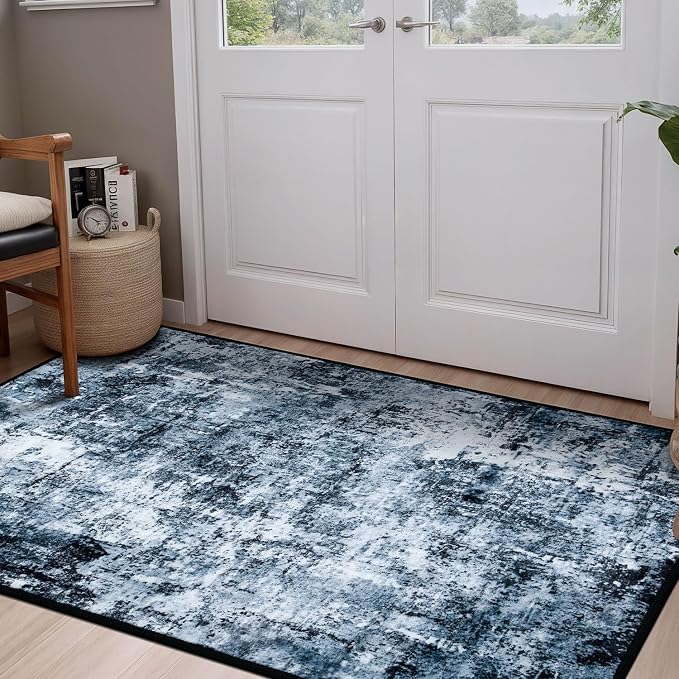 Rugflix 3x4 Entrance Rugs, Washable Navy Blue Dark Entry Small Rug | Machine Washable; Stain-Resistant; Low Pile; Non-Slip; Modern Abstract; Black Carpet for Entryway Kitchen Hallway Home