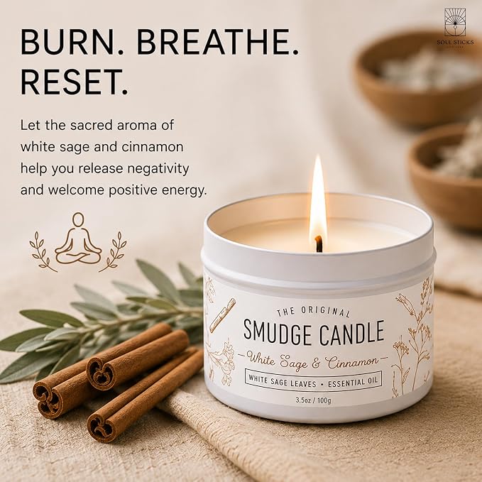 SOUL STICKS Smudge Candle for Cleansing House, Meditation, Chakra Healing, Aromatherapy | 3.5 Ounce Smudge Candle for Spiritual Cleansing (White Sage & Cinnamon)