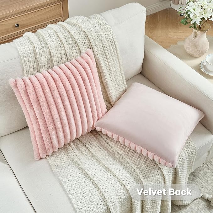 FUTEI Pack of 2 Faux Fur Throw Pillow Covers 24x24 Inch, Pink | Fluffy Faux Rabbit Fur Front/Premium Velvet Back,Hidden Zipper,Machine Washable,Non-Shedding,Colorfast,Insert Not Included.